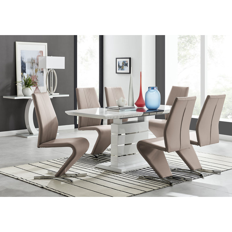 Everson High Gloss Extendable Dining Set with 6 Luxury Faux Leather Upholstered Dining Chairs, Cappuccino