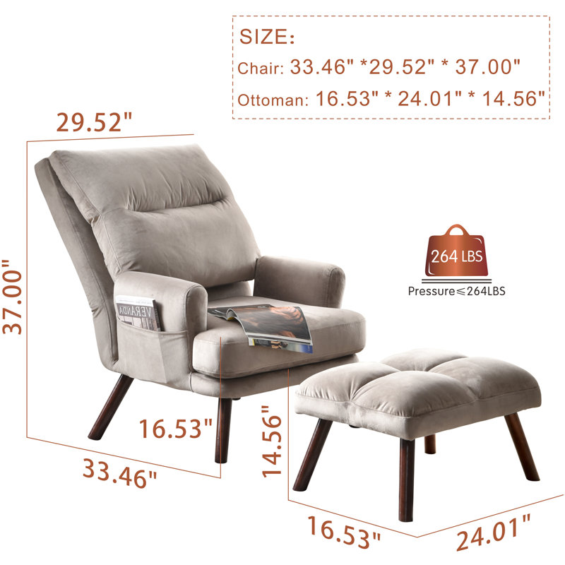 Alida 29.52'' Wide Lounge Chair and Ottoman, Gray Suede
