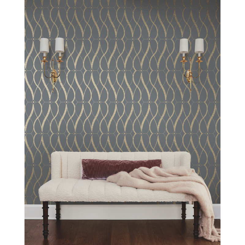 Graceful Geo Geometric Metallic Wallpaper Roll, Grey/Gold