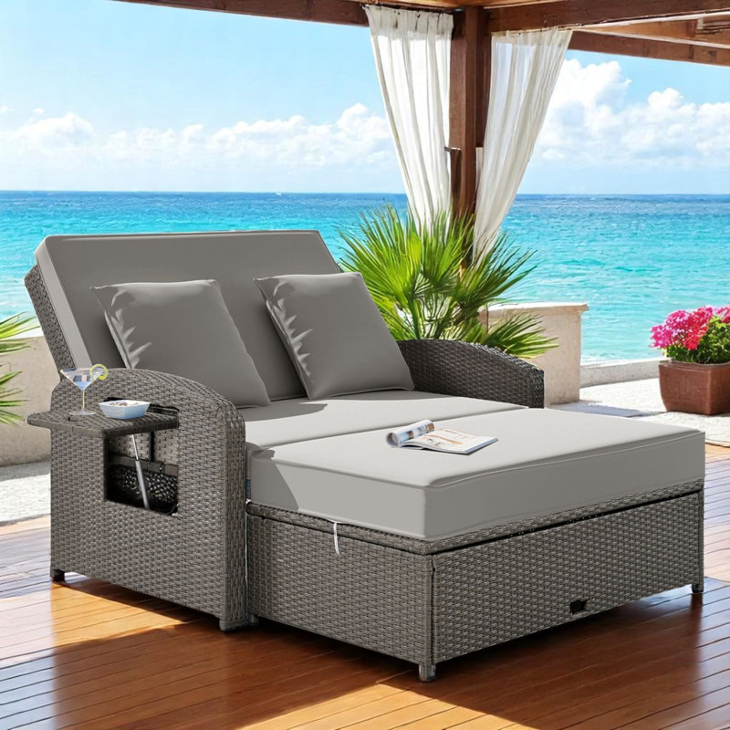 Méridienne double en rotin Rober Wicker, Gris