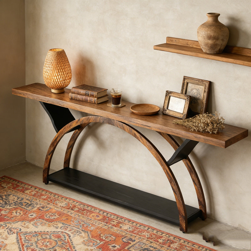 2-Tier Console Table Entryway Table with Half Moon Frame, Rustic Brown & Black