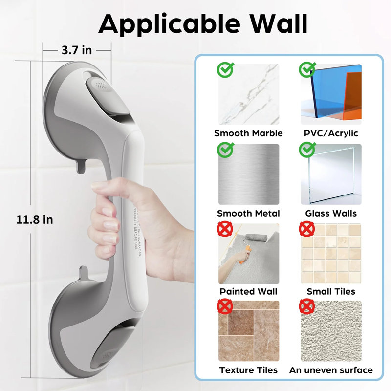 12" Single Pack Suction Cup Grab Bar, White/Gray