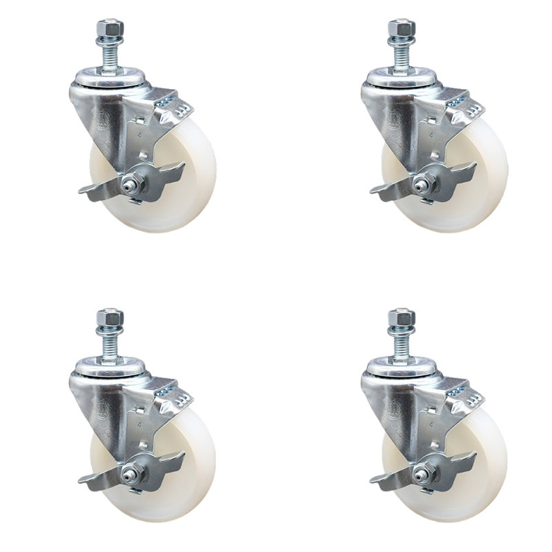 4 Inch SS Nylon Wheel Swivel 12mm Threaded Stem Caster Set Brake SCC