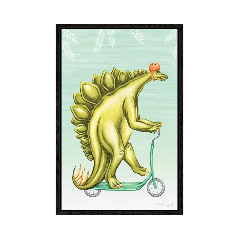 Stegosaurus On Scooter by Amélie Legault - Painting on Canvas, Black Floater Framed, 66.04cm H x 45.72cm W x 3.81cm D