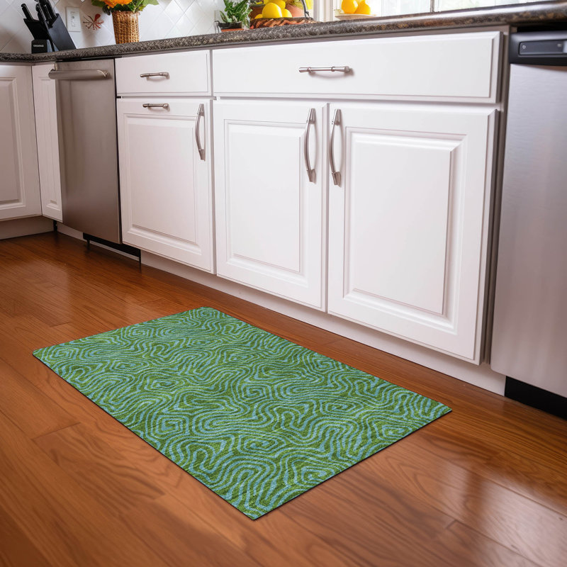 Green Swirl Pattern Washable Rectangular Synthetic Rug