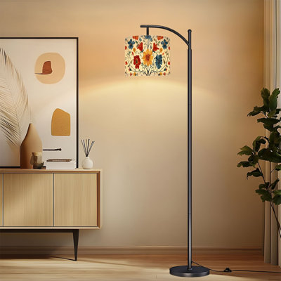 Arc Floor Lamp with Adjustable Lampshade Floral Orange Blue Yellow Flowers Beige Summer Decor Standing Lamp 3 Color Temperatures Dimmable Tall Pole Lamp with Foot Switch for Bedroom