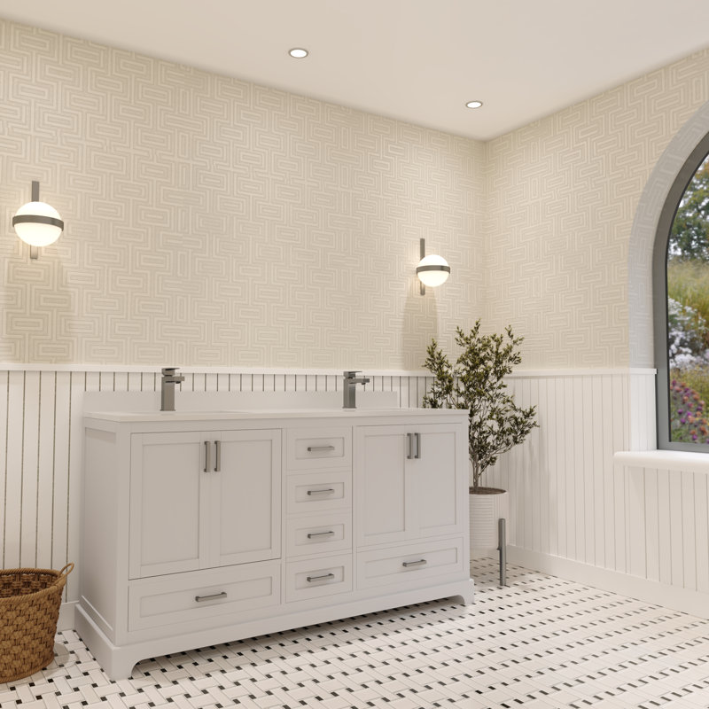 Meuble-lavabo double autoportant 60 po avec plateau en quartz blanc Maya, Blanc