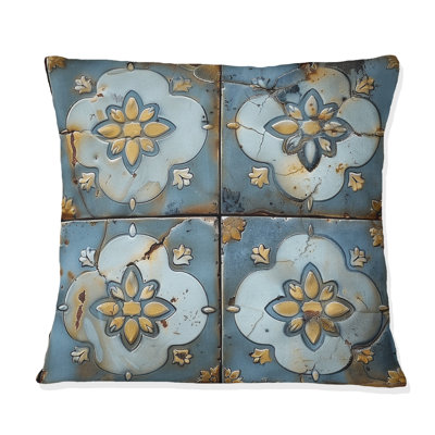 Carreaux floraux bleus et dorés, charme I - coussin floral