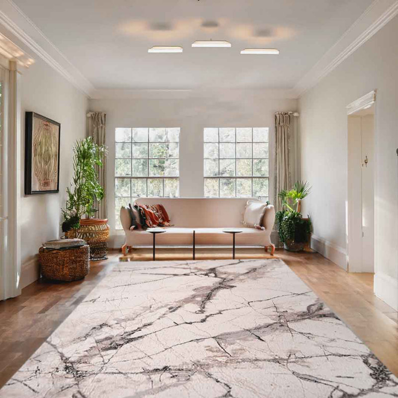 Lorenz Porcelain Marble Cream & Grey Modern Area Rug Soft Polyester Pile with Cotton Blend Backing Style Carpet