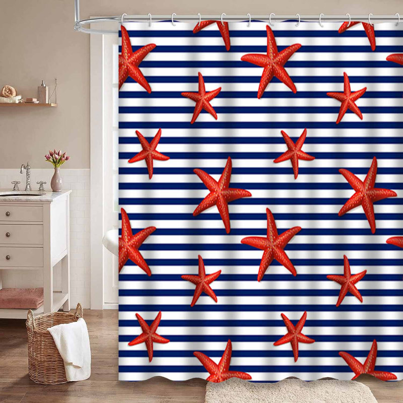 Rideau de douche imperméable à rayures marine avec 12 crochets, L 72 po x l 84 po