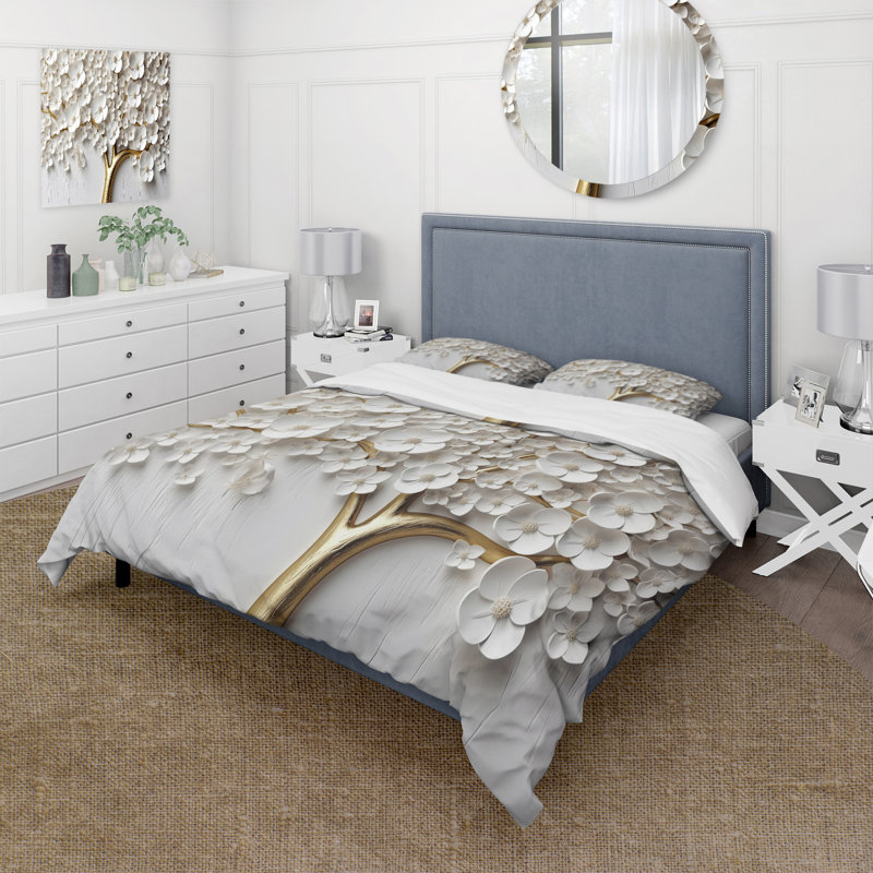 White Orchid Tree Garden Of Branches I BeddingMicrofiber / Polyester Duvet Cover Set, Queen Duvet Cover + 2 Standard Shams