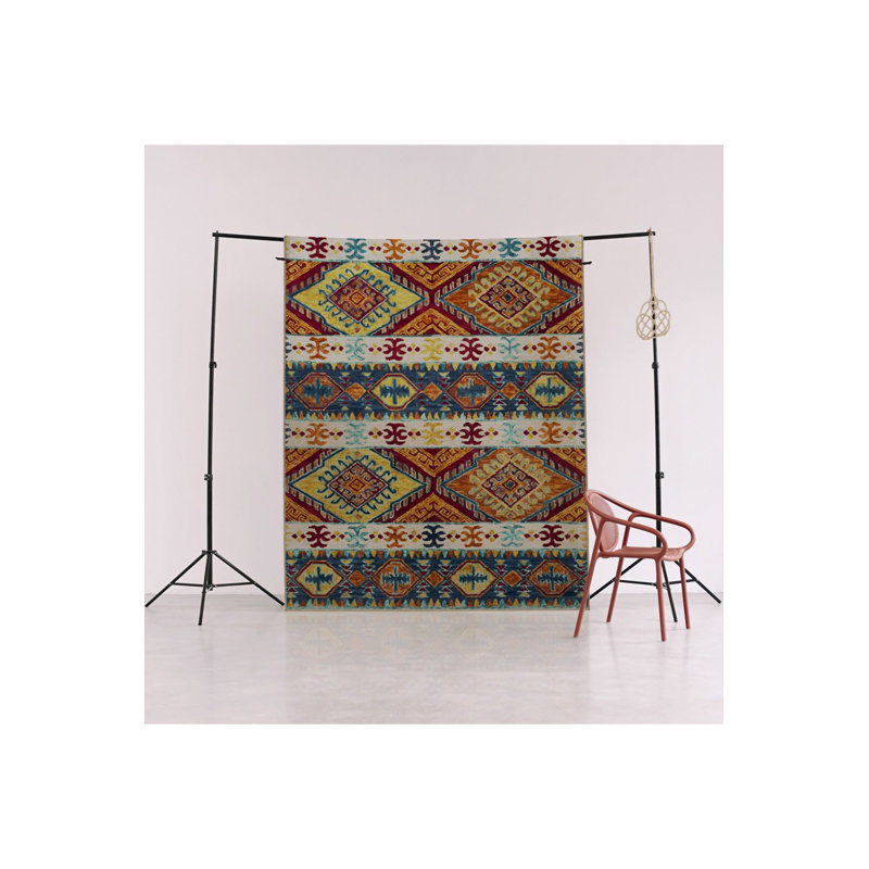 Tapis décoratif lavable rétro bleu à motif traditionnel, Sous-tapis rectangulaire 2 pi 4 po x 3 pi 11 po