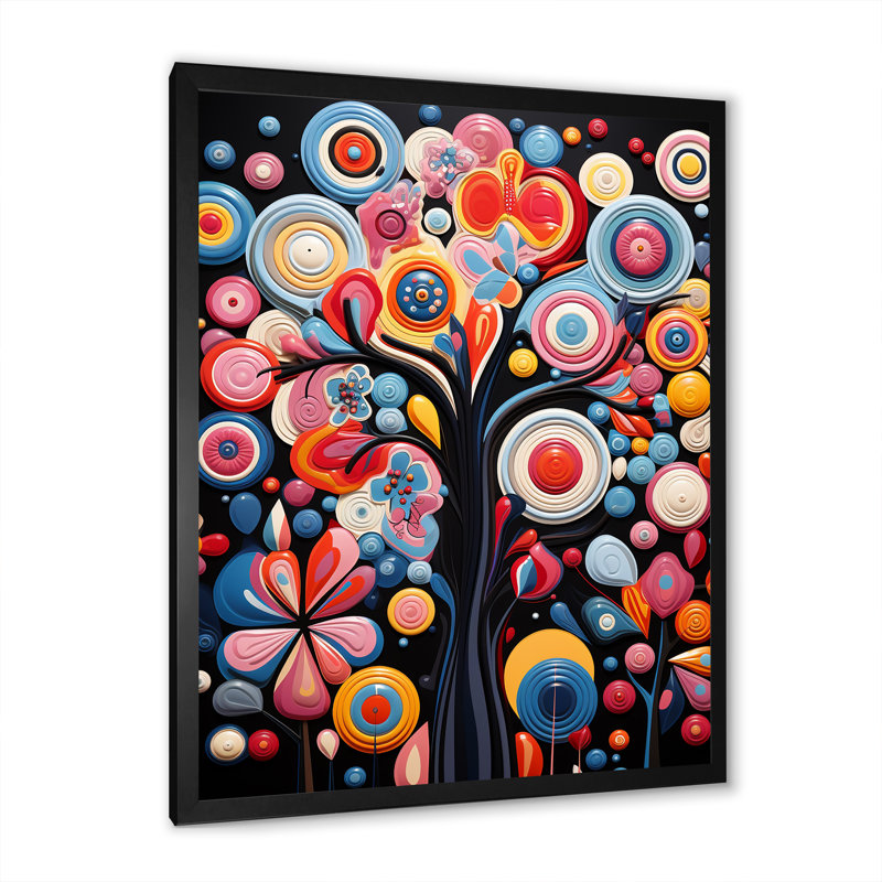 Fantaisie floral rose et bleu arbre 4 - Art mural africain, Cadre photo noir, H 44 po x l 34 po x P 1,5 po