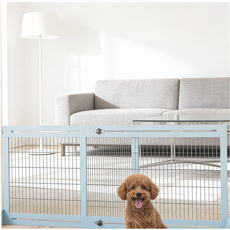 Pet Gate,Wooden Pet Gate,Freestanding Pet Gate for Your Home, 24.3" H x 72" W x 14.3" D, Bleu, gris