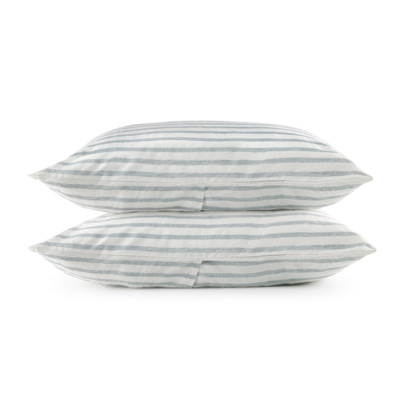 100% French Linen Pillowcase Set, King Pillowcase, Cream/Wave Striped