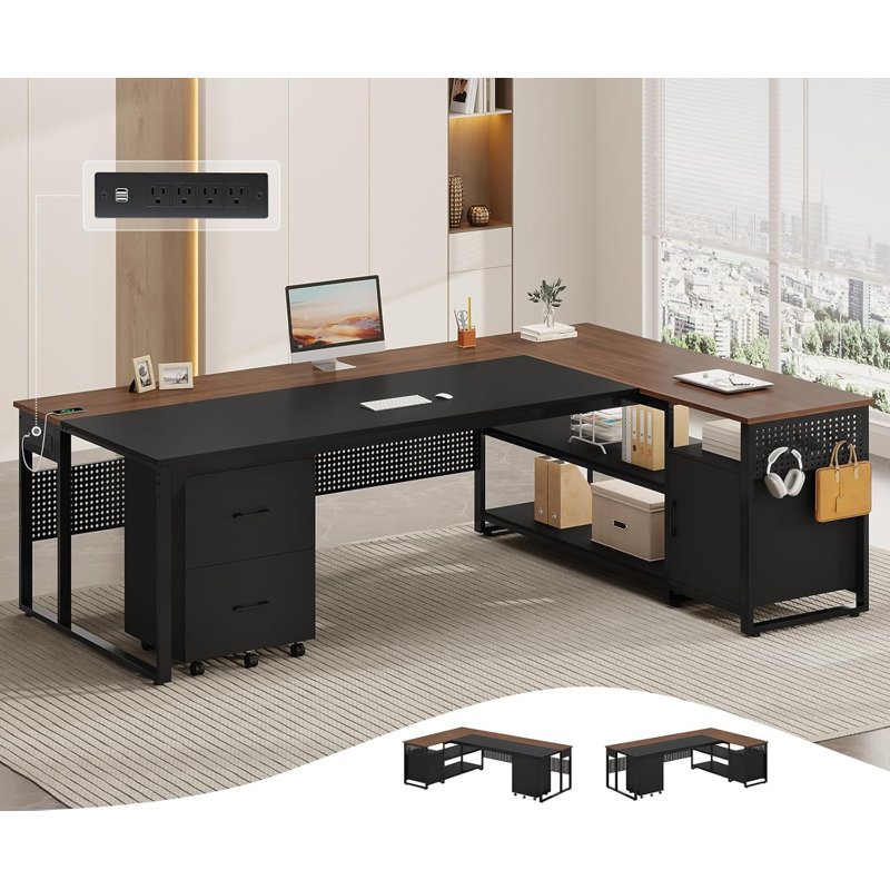 71" L-Shaped Executive Desk with Mobile File Cabinet and Power Outlets, Walnut