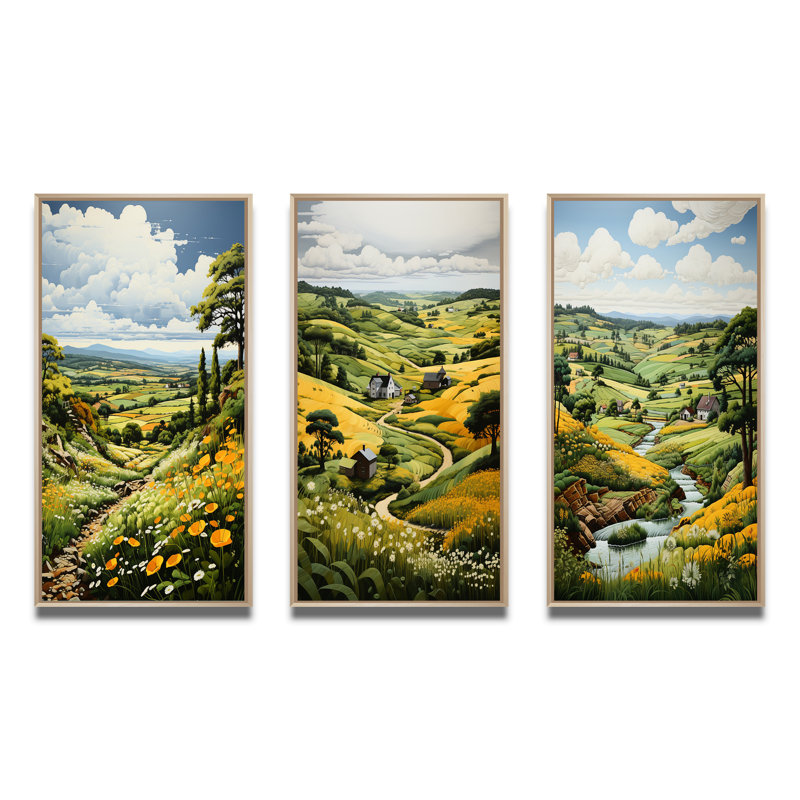 Paysage de campagne rêveur vert et jaune - ensemble 3 pièces, Encadré naturel, H 40 po x l 60 po