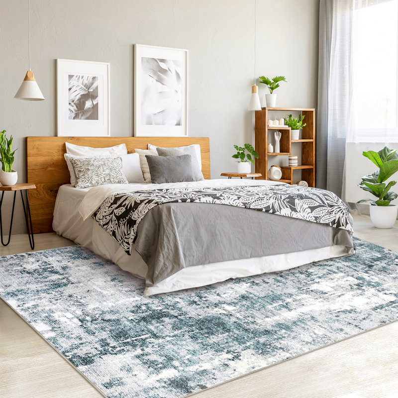 Abstract Shaggy Area Rug – Washable Carpet, Non-Slip TPR Backing, Soft Floor Mat for Living Room, Hallway, Bedroom, Blue