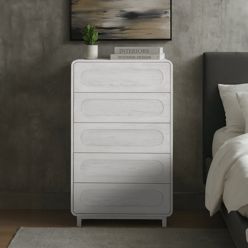 Commode 5 tiroirs Tenley Mid-Century, Blanc