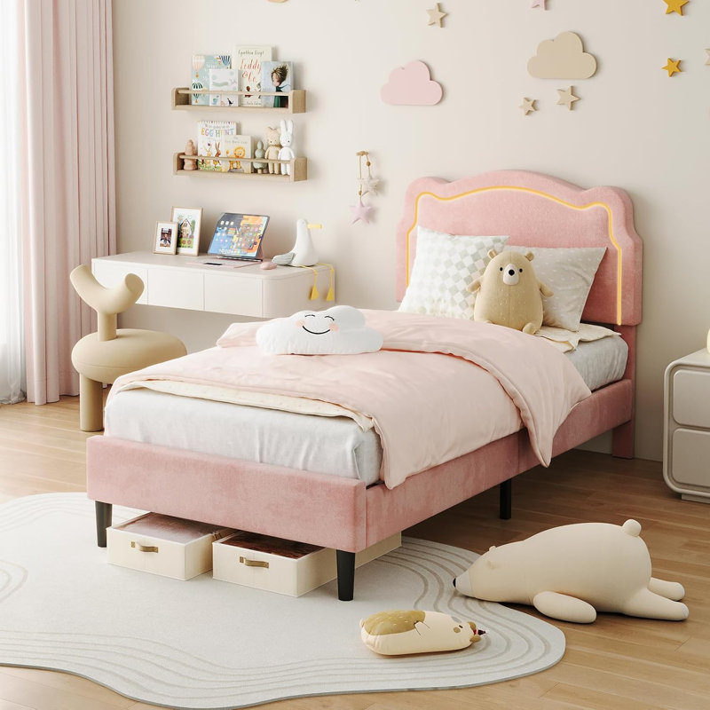 Structure de lit rembourrée avec lumière DEL intelligente, lit en velours avec tête de lit ajustable en forme d'ours, lit pour enfant avec lattes de bois, aucun sommier requis