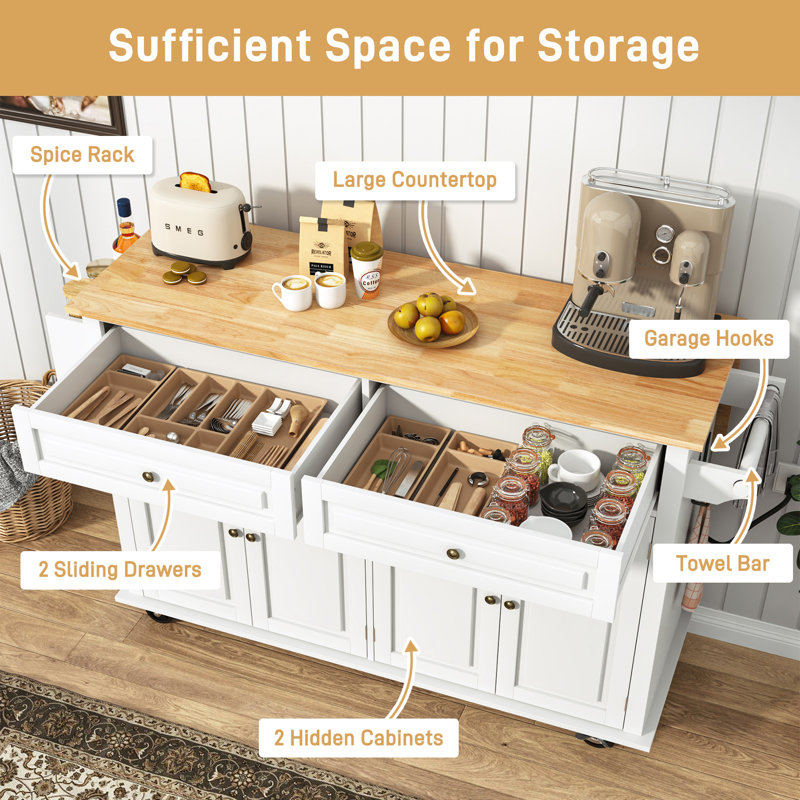 55" Movable Kitchen Island with Drop Leaf and Power Outlet, Rolling Kitchen Cart with Rubber wood Countertop, Island Table on Wheels for Kitchen w/2 Drawers, Spice Rack, Towel Bar, Adjustable Shelves
