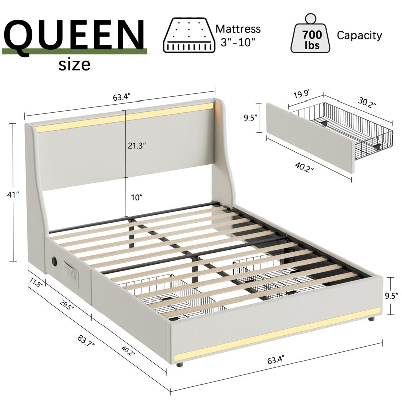 Beige Upholstered Platform Bed And Nightstand Set, Bed Frame With LED Headboard & Footboard, USB Type-C Charging Station, Storage Drawers, Faux Linen Bed With 2 Modern Nightstands For Bedroom Furniture Set