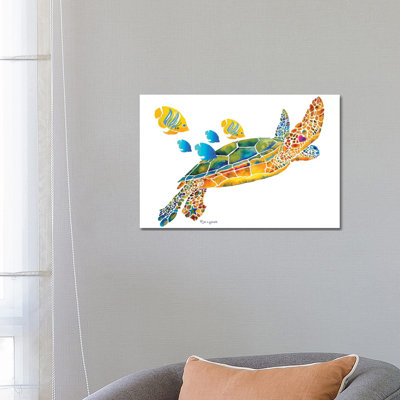 Sea Turtle With Fish 1 Piece Wrapped Canvas Wall Art