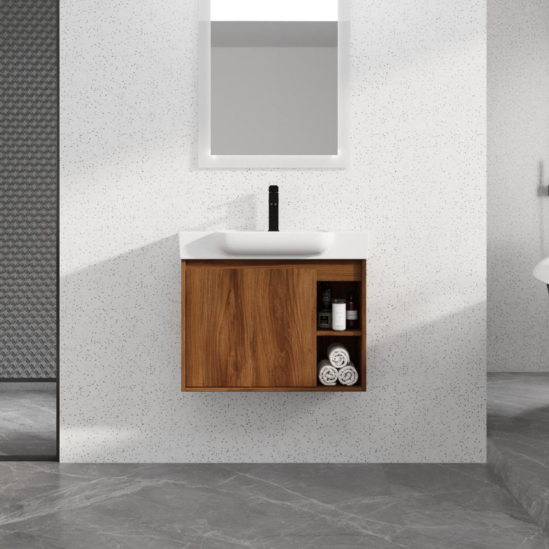 Meuble-lavabo mural avec lavabo en céramique blanche et porte à fermeture en douceur