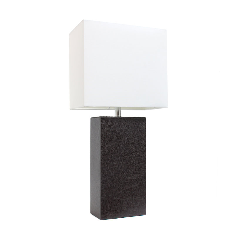 21" Leather Base Table Lamp with White Rectangular Linen Shade, Espresso Brown, No, Clear