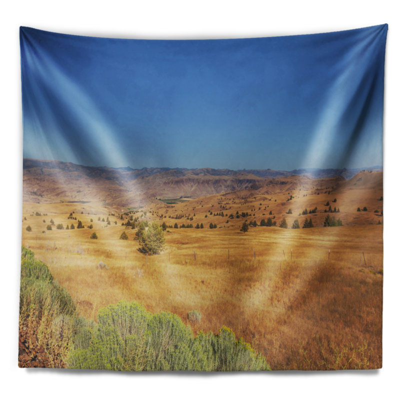 Paysage prairie avec tapisserie bleu ciel vif et suspension murale, H 32 po x l 39 po