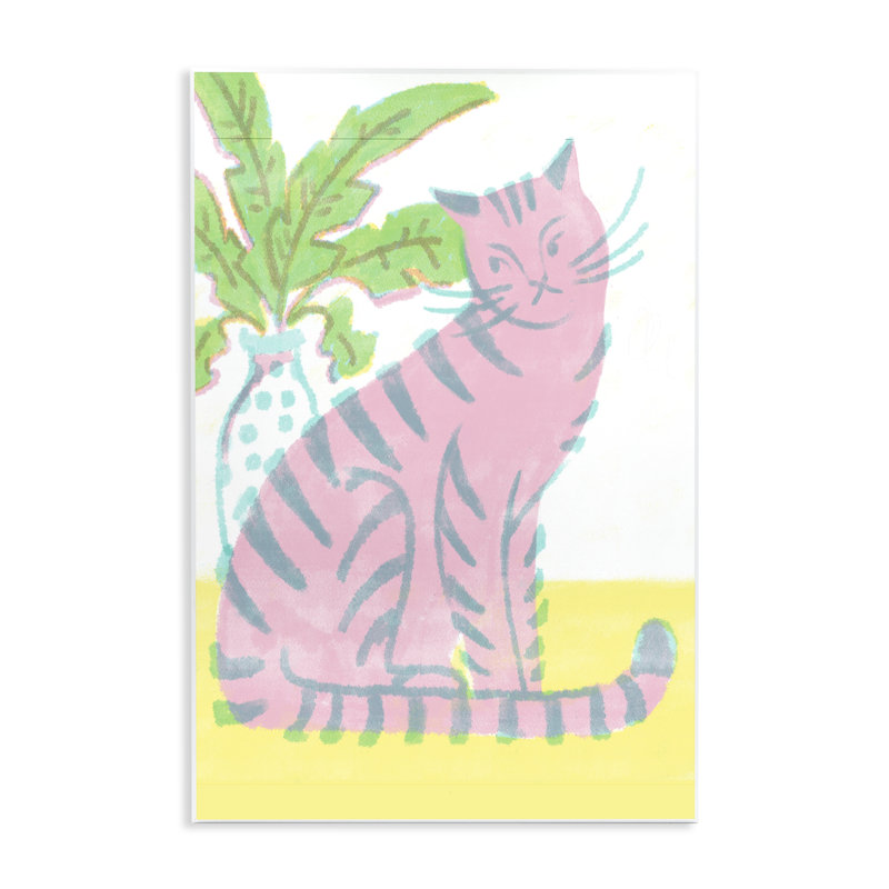 Plaque murale moderne rose avec chat et plante, design par Hannah Moren, H 15 po x l 10 po