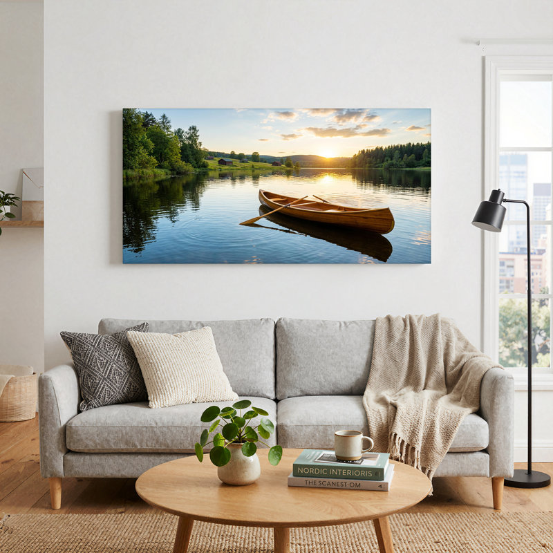 Art mural sur toile en bois avec canots et rames sur un coucher de soleil doré, 32“W x 16”H