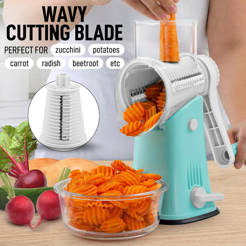 Zulay Kitchen Rotary Cheese Grater with 5 Stainless Steel Blades and Suction Base, Teal