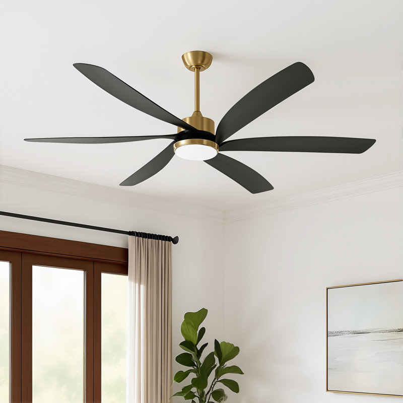 64" Modern Large Propeller Ceiling Fan with LED Light and Remote Control, Black, Gold