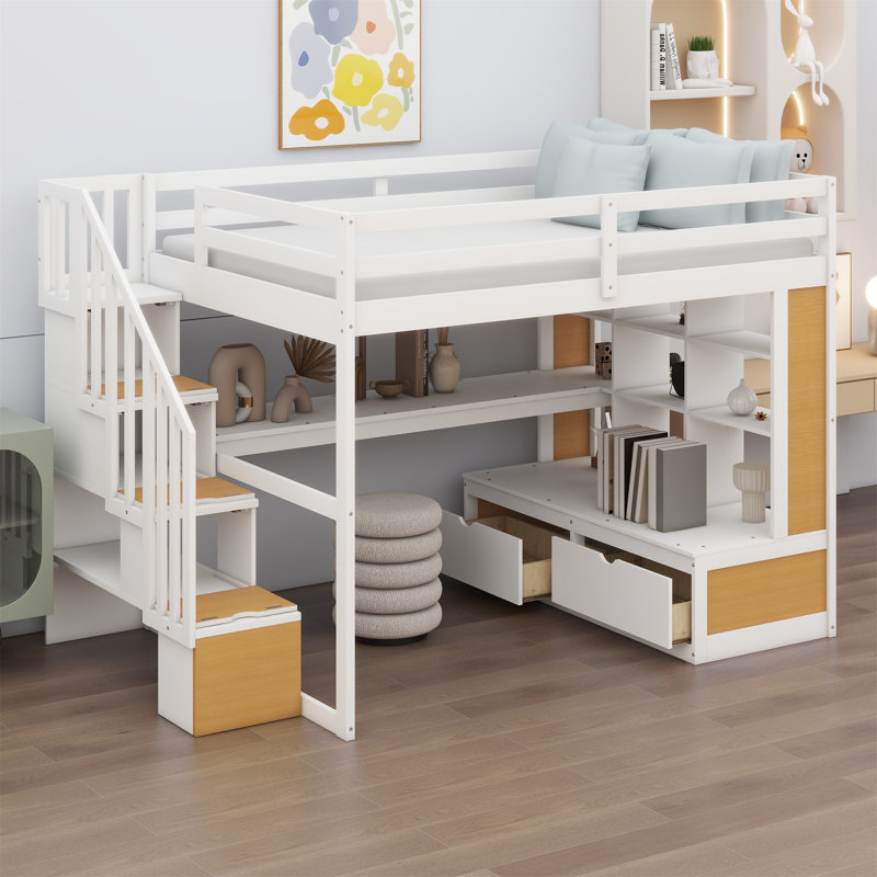 Full Size Loft Bed with Desk and Shelves, Two Built-in Drawers, Storage Staircase, White/Natural