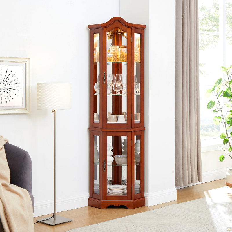 Armoire de coin avec lumières, tablettes réglables en verre trempé
