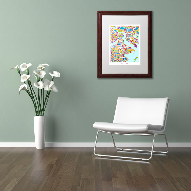 « boston ma street map 3 », impression encadrée, H 20 po x l 16 po x P 0,5 po, Blanc, Toile avec cadre brun