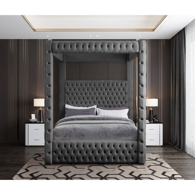 Très grand lit plateforme tapissier Ekke, Velours gris, Grand