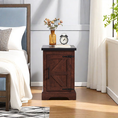 Sophiea Farmhouse End Table With Barn Door And Adjustable Storage Shelf, Rustic Sofa Side Table, Nightstand