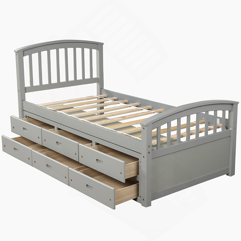 Lit plateforme avec rangement en bois massif et 6 tiroirs, Gris
