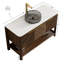 Meuble-lavabo de salle de bain, meuble de rangement autoportant en contreplaqué avec 3 portes rayées diagonales et tablette ouverte, lavabo en verre de transport noir et plateau en pierre frittée blanc de Carrare