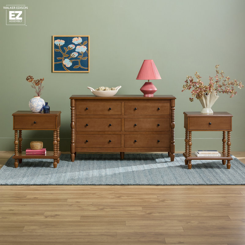 Solid Wood 3-Piece Spindle Vivienne Two Walker Edison Easy Assembly 1-Drawer Nightstands and 6-Drawer Dresser, Dark Brown