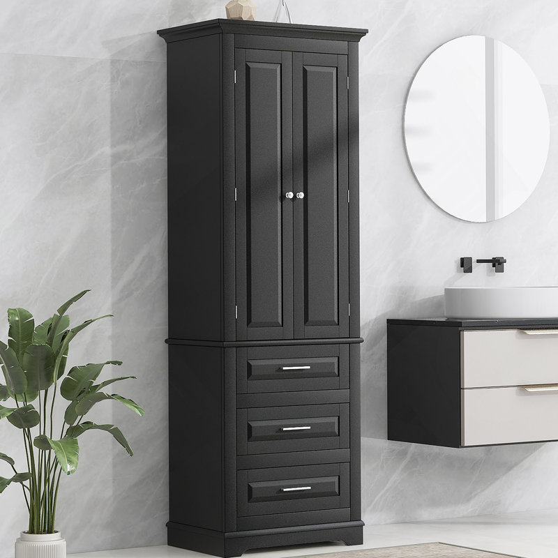 Tall Storage Cabinet With Three Drawers For Bathroom/Office, Black