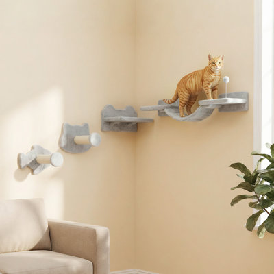 Tucker Murphy Pet™ Cat Wall Shelves, 4Pcs Cat Shelves With Steps, Scratching Posts, Ladder, Platforms, Toy Balls, Wall Mounted Cat Furniture, Light Grey