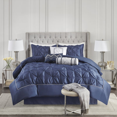 Ensemble de literie pour grand lit 7 pièces avec couette bleu marine - l'intérieur comprend des taies décoratives, des coussins décoratifs et une jupe de lit