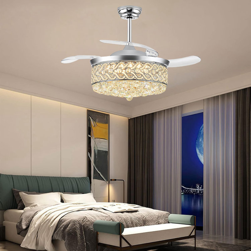 42 Inch Crystal Fandelier Ceiling Fan, Retractable Chandelier Ceiling Fan With Lights And Remote For Bedroom Living Room, LED Dimmable, Quiet DC Motor