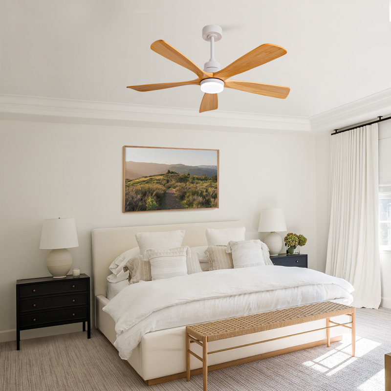 52 Inch Modern Ceiling Fan With 3 Color Dimmable 5 Solide Wood Blades Remote Control Reversible DC Motor With Led Light, Oak