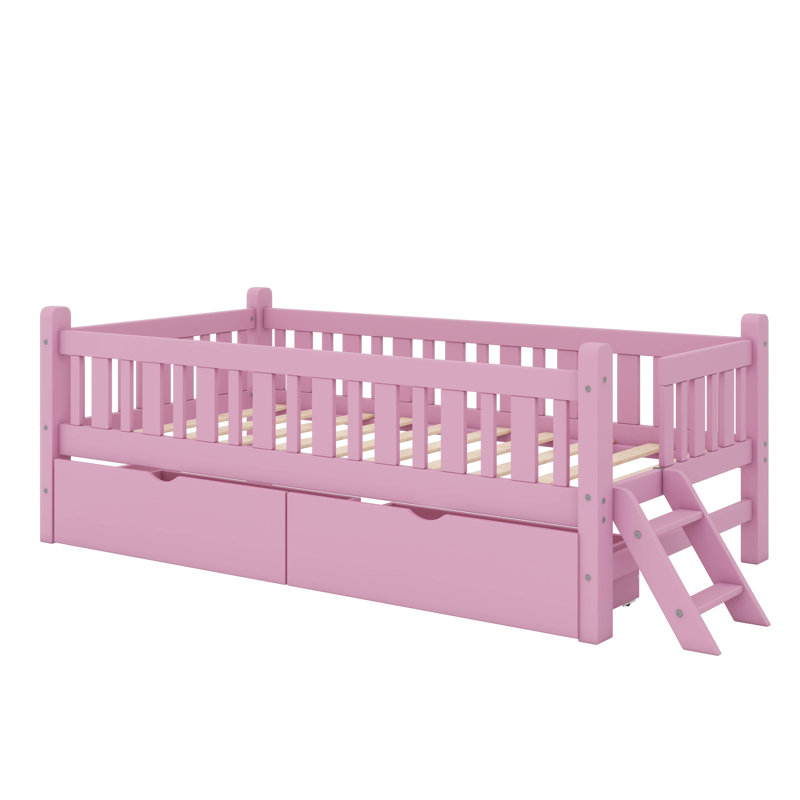 Lit plateforme simple avec garde-corps et deux tiroirs Safe, Rose