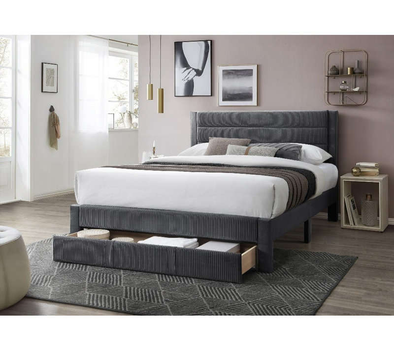 Structure de lit grand format avec tiroir de rangement - aucun sommier nécessaire, velours côtelé gris anthracite, support robuste