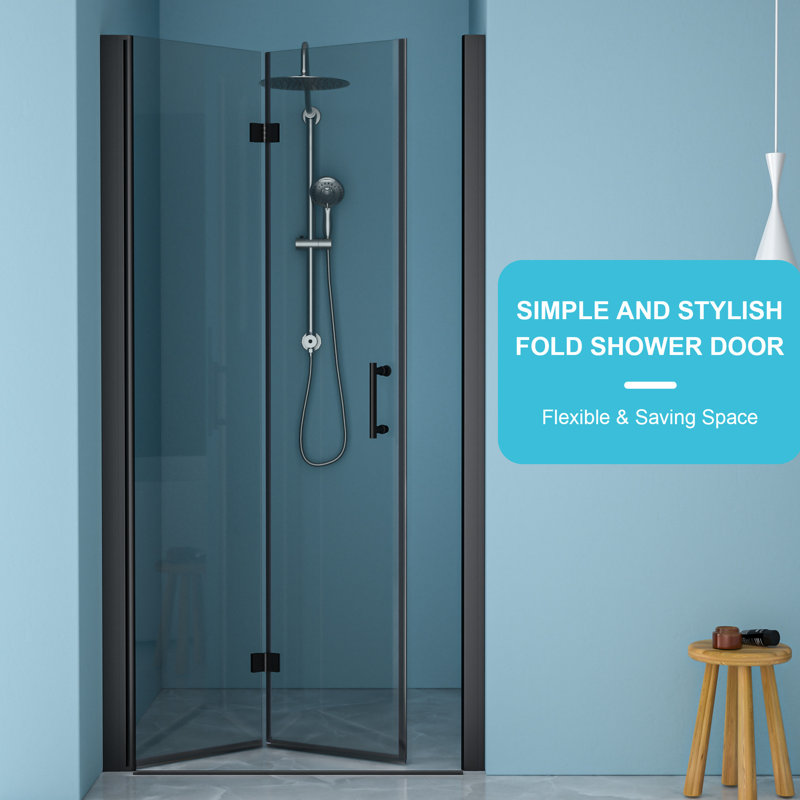 36W X 72H Fold Shower Door With Tempered Glass, Matte Black - Bi Design, 1/4 Inch Thick Clear Water Screen , High Grade Stainless Steel Components, Reversible Installation, 180 Overlapping Rotate